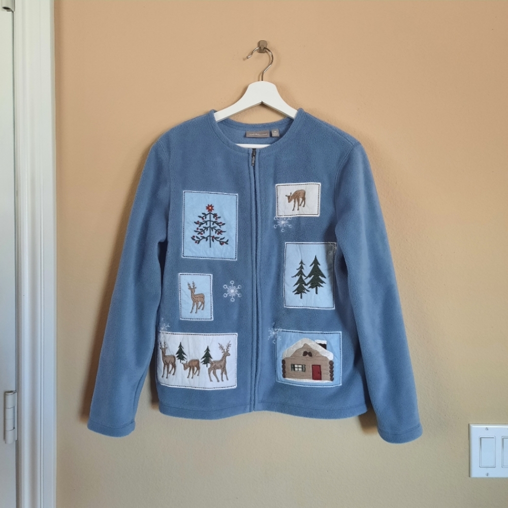 Croft Barrow Embroidered Patchwork Fleece Zip Up Sweater Grandma Eclectic Unique